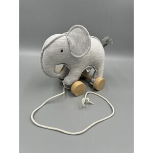 Crate & Barrel Rare Plush Elephant Pull Toy on Wooden Wheels Gray 9”